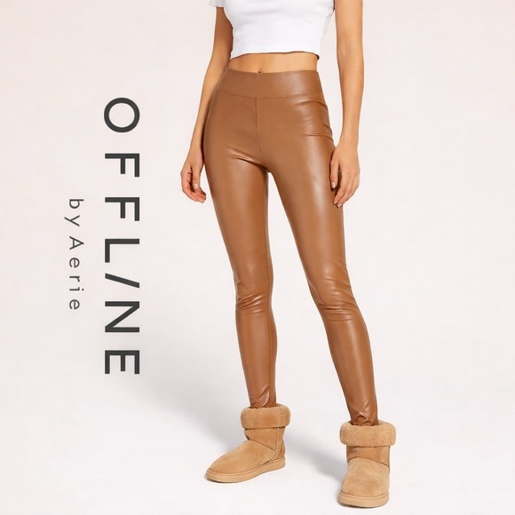 aerie Pants - Offline by Aerie Women's XS Caramel Brown Faux Leather High Rise Leggings